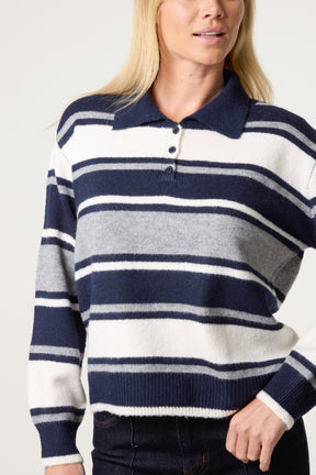 Striped Long Sleeve Polo Collar Jumper