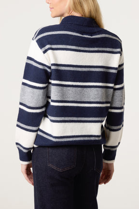 Striped Long Sleeve Polo Collar Jumper