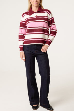 Striped Long Sleeve Polo Collar Jumper