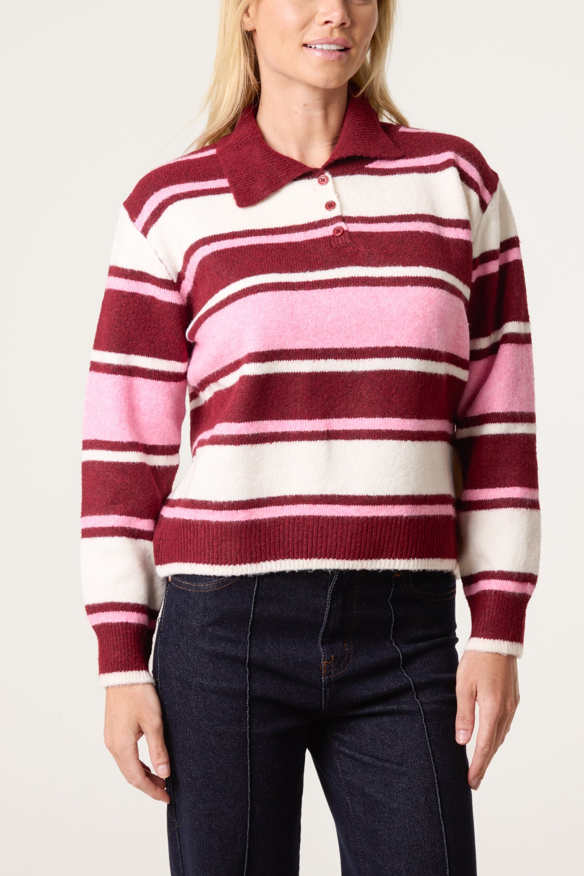 Striped Long Sleeve Polo Collar Jumper