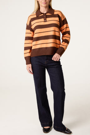 Striped Buttoned Polo Collar Jumper