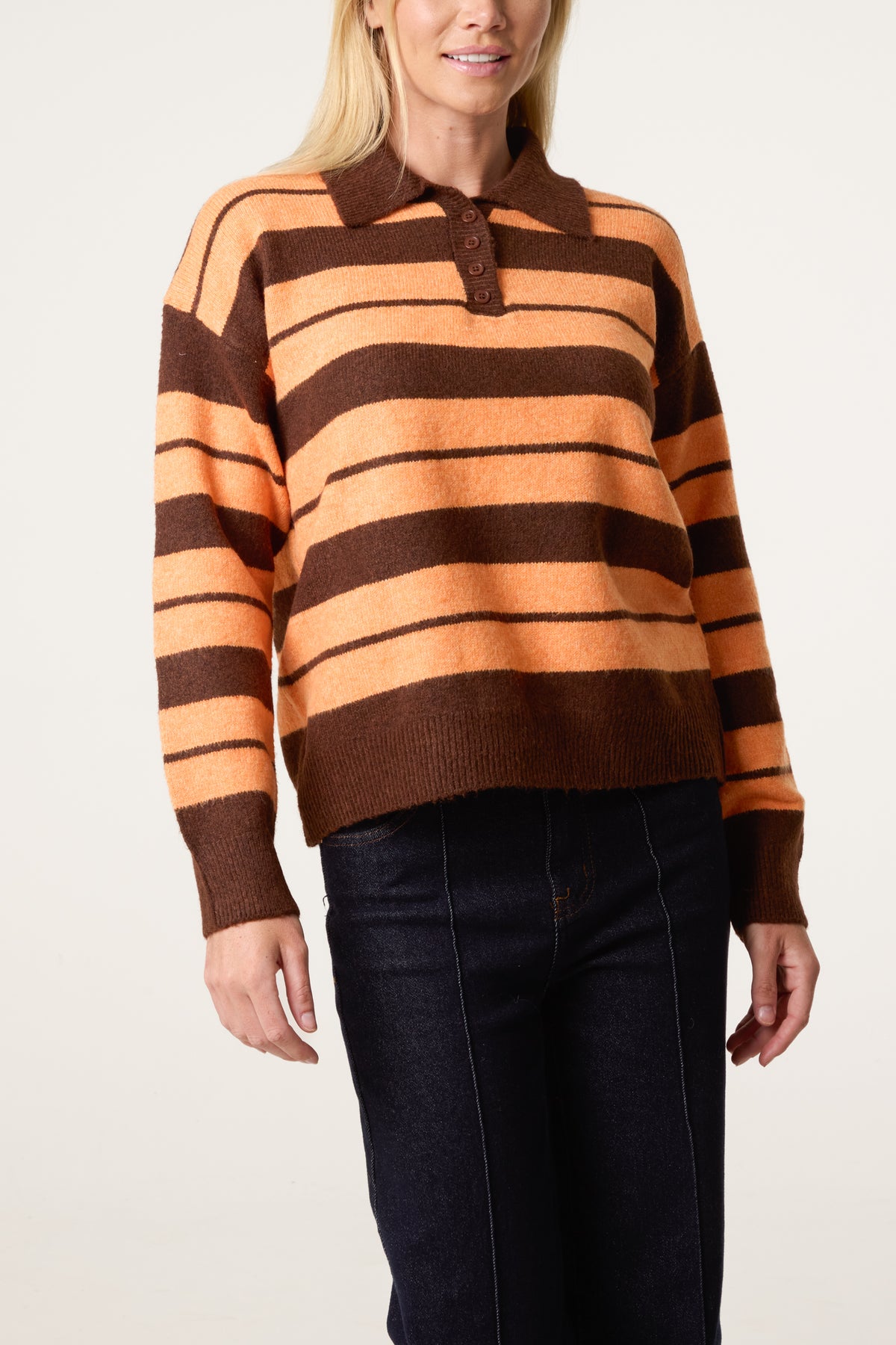 Striped Buttoned Polo Collar Jumper