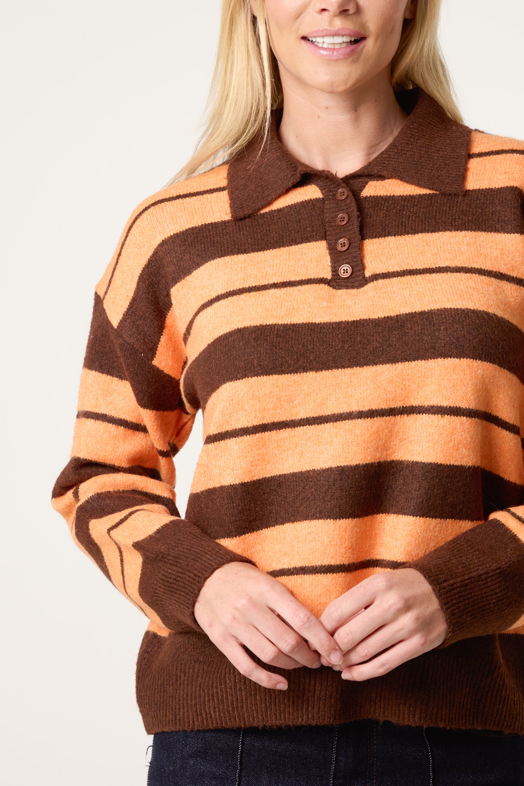 Striped Buttoned Polo Collar Jumper