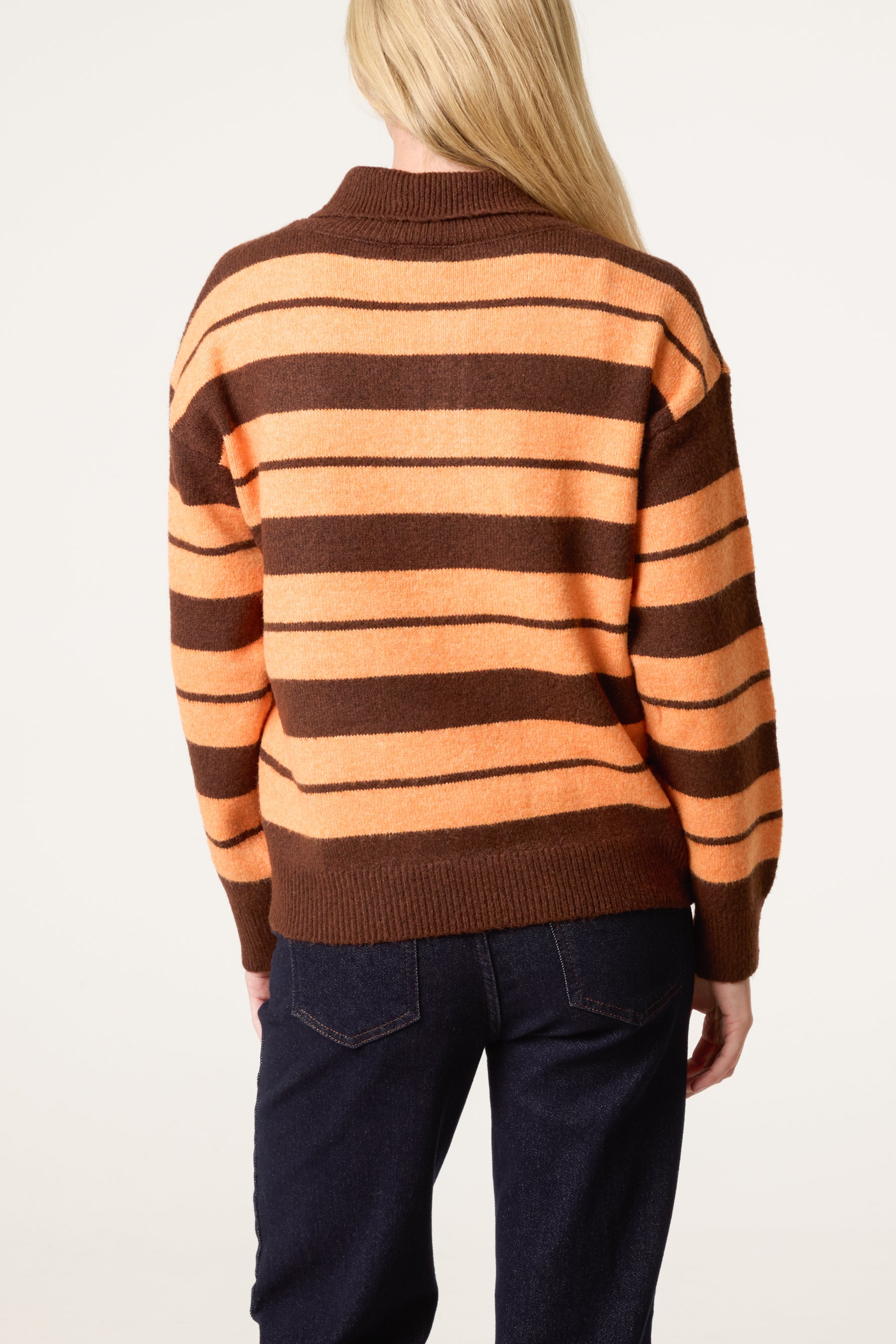 Striped Buttoned Polo Collar Jumper