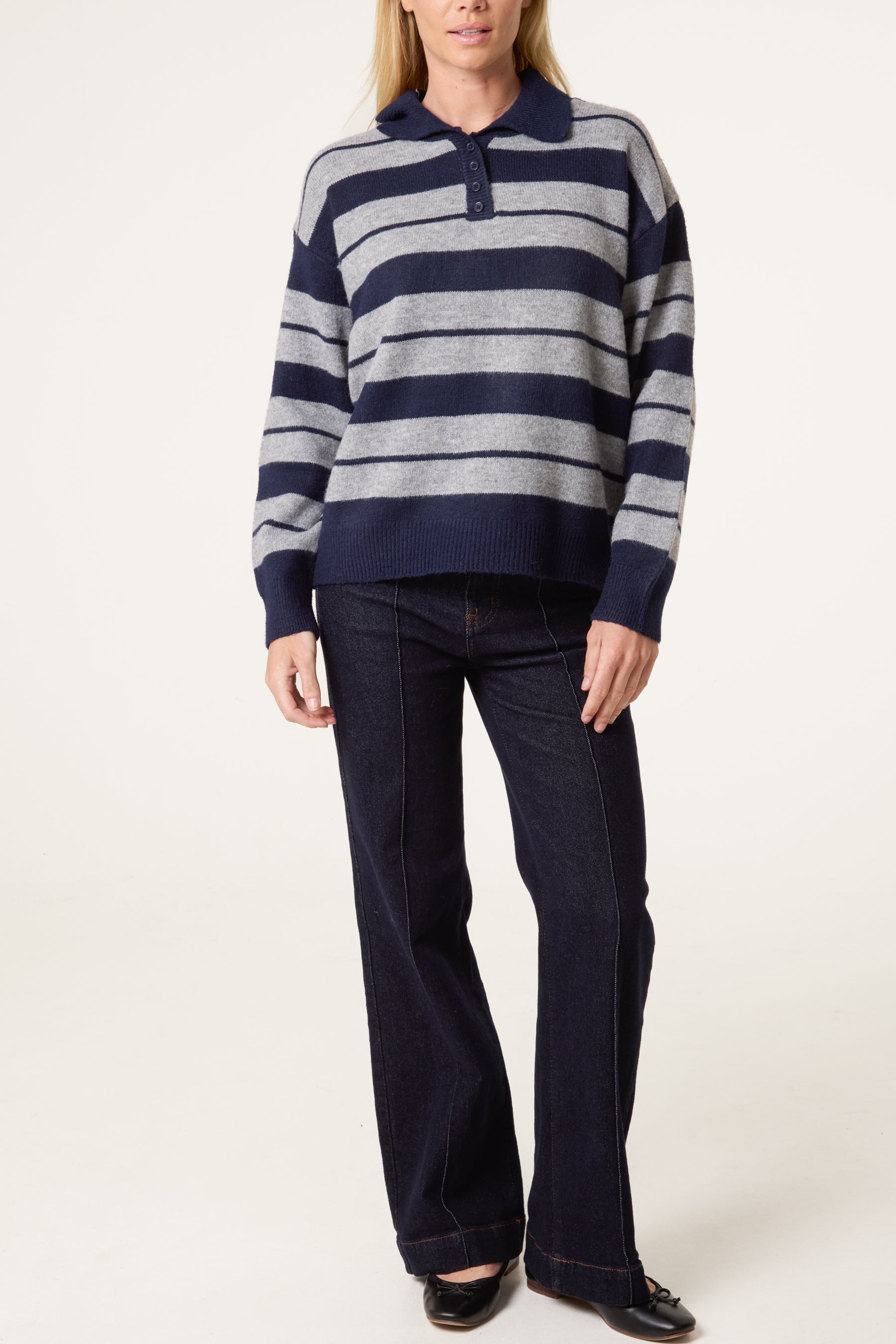 Striped Buttoned Polo Collar Jumper