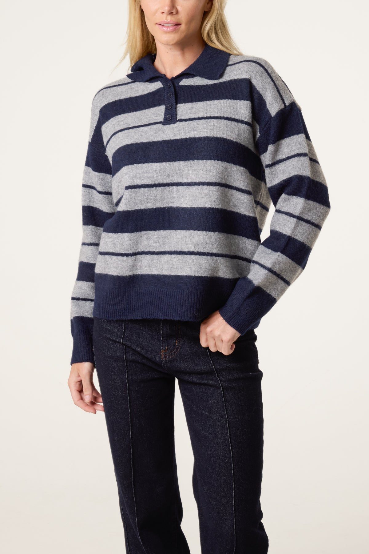 Striped Buttoned Polo Collar Jumper