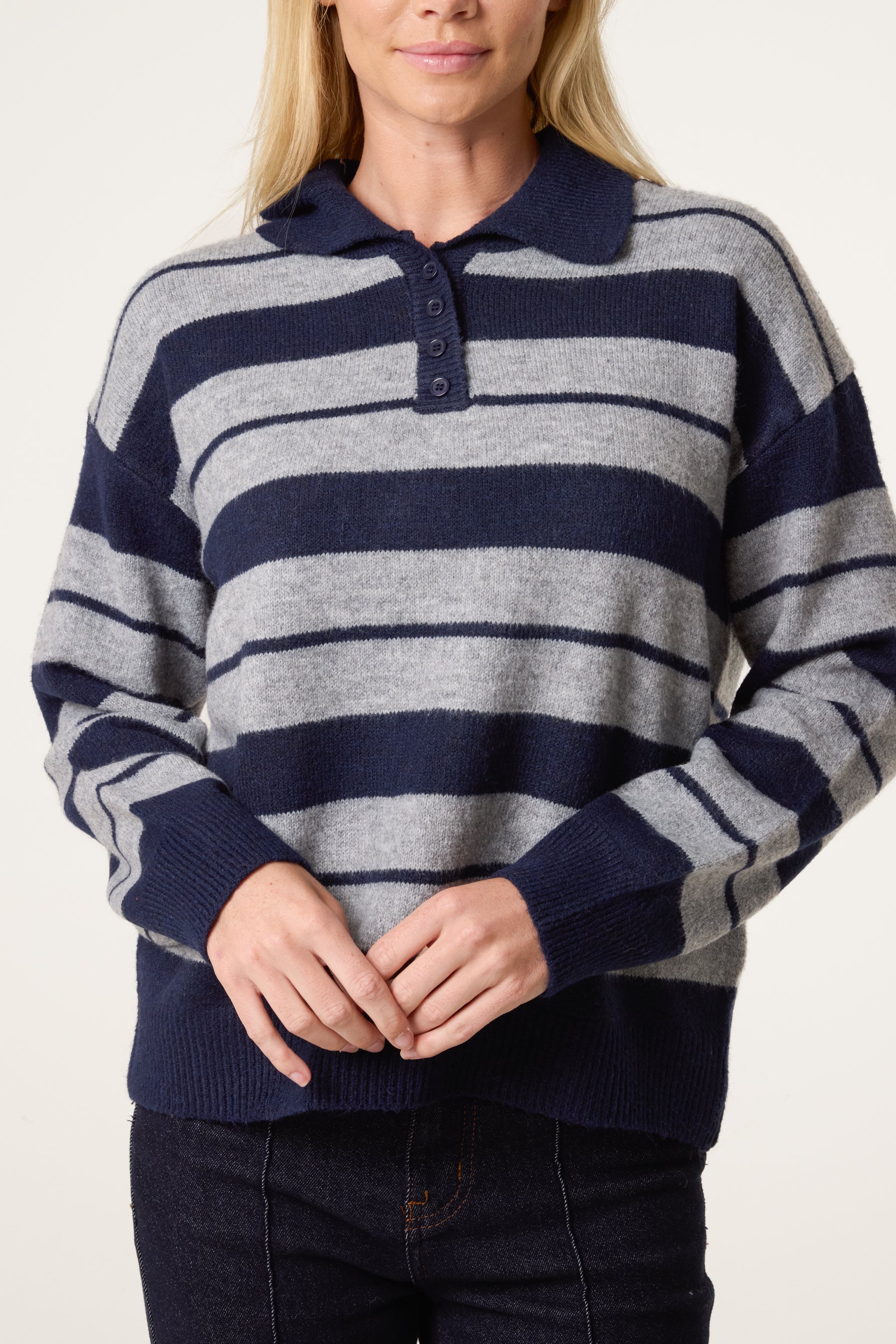 Striped Buttoned Polo Collar Jumper