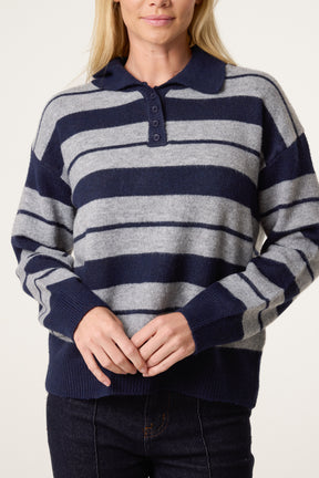 Striped Buttoned Polo Collar Jumper