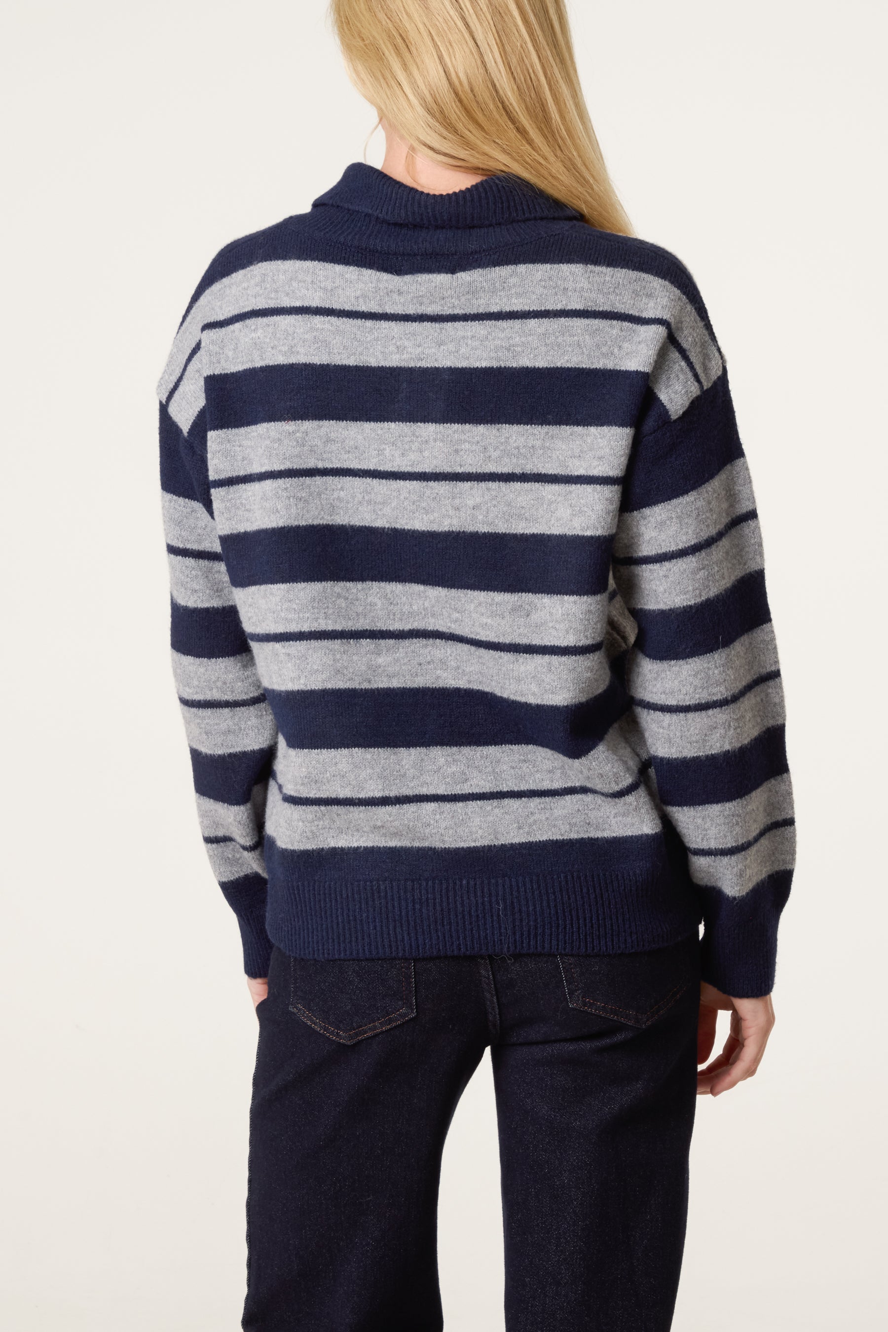 Striped Buttoned Polo Collar Jumper
