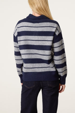 Striped Buttoned Polo Collar Jumper