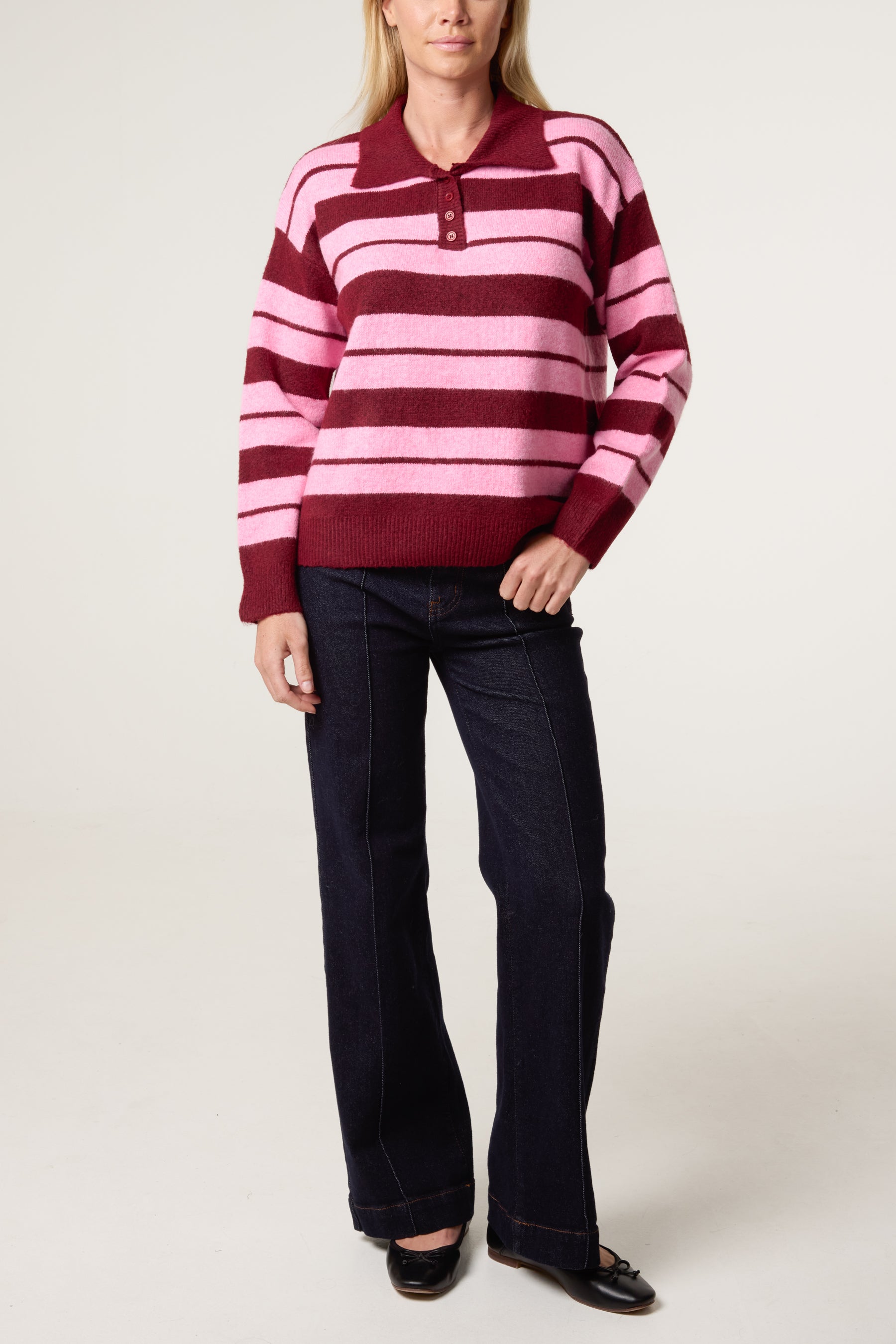 Striped Buttoned Polo Collar Jumper