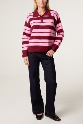 Striped Buttoned Polo Collar Jumper