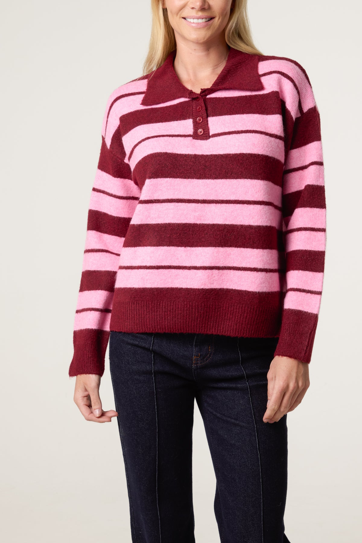 Striped Buttoned Polo Collar Jumper