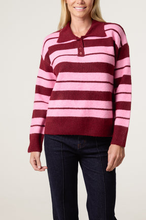 Striped Buttoned Polo Collar Jumper