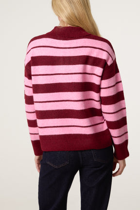 Striped Buttoned Polo Collar Jumper