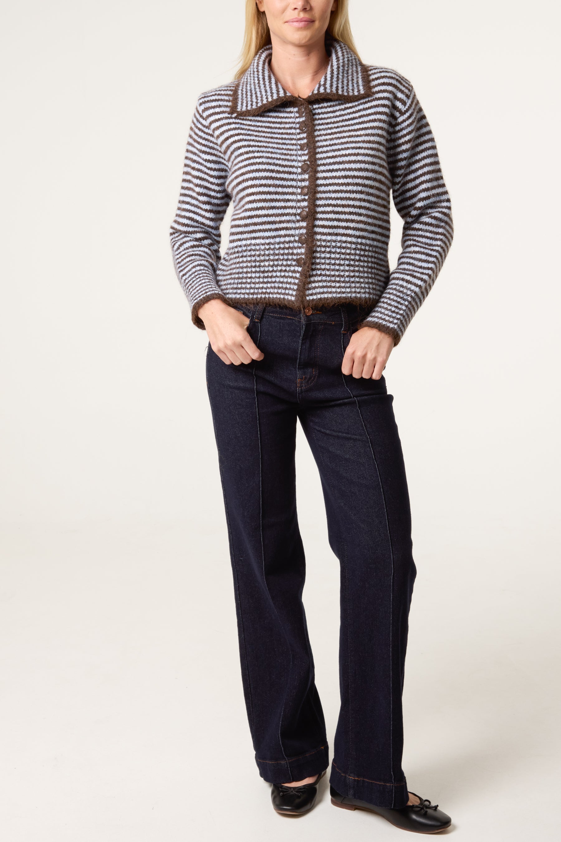 Mini Collar Stripes Button Through Cardigan
