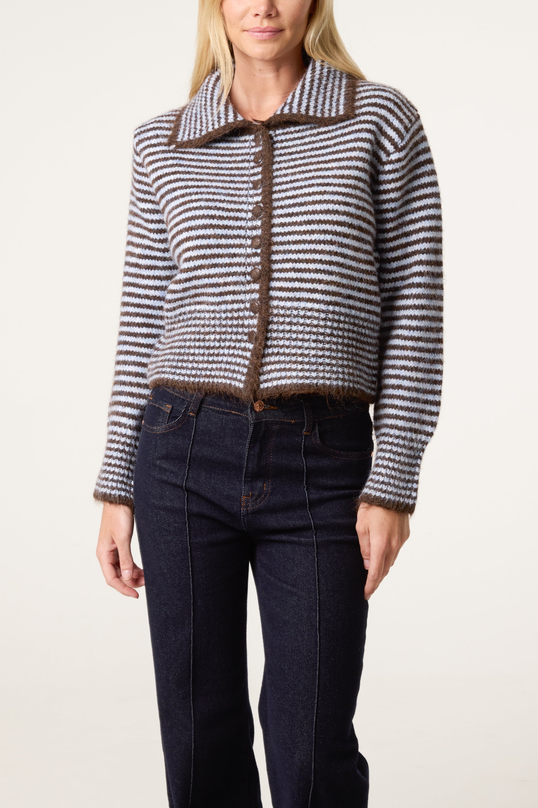 Mini Collar Stripes Button Through Cardigan