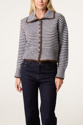 Mini Collar Stripes Button Through Cardigan
