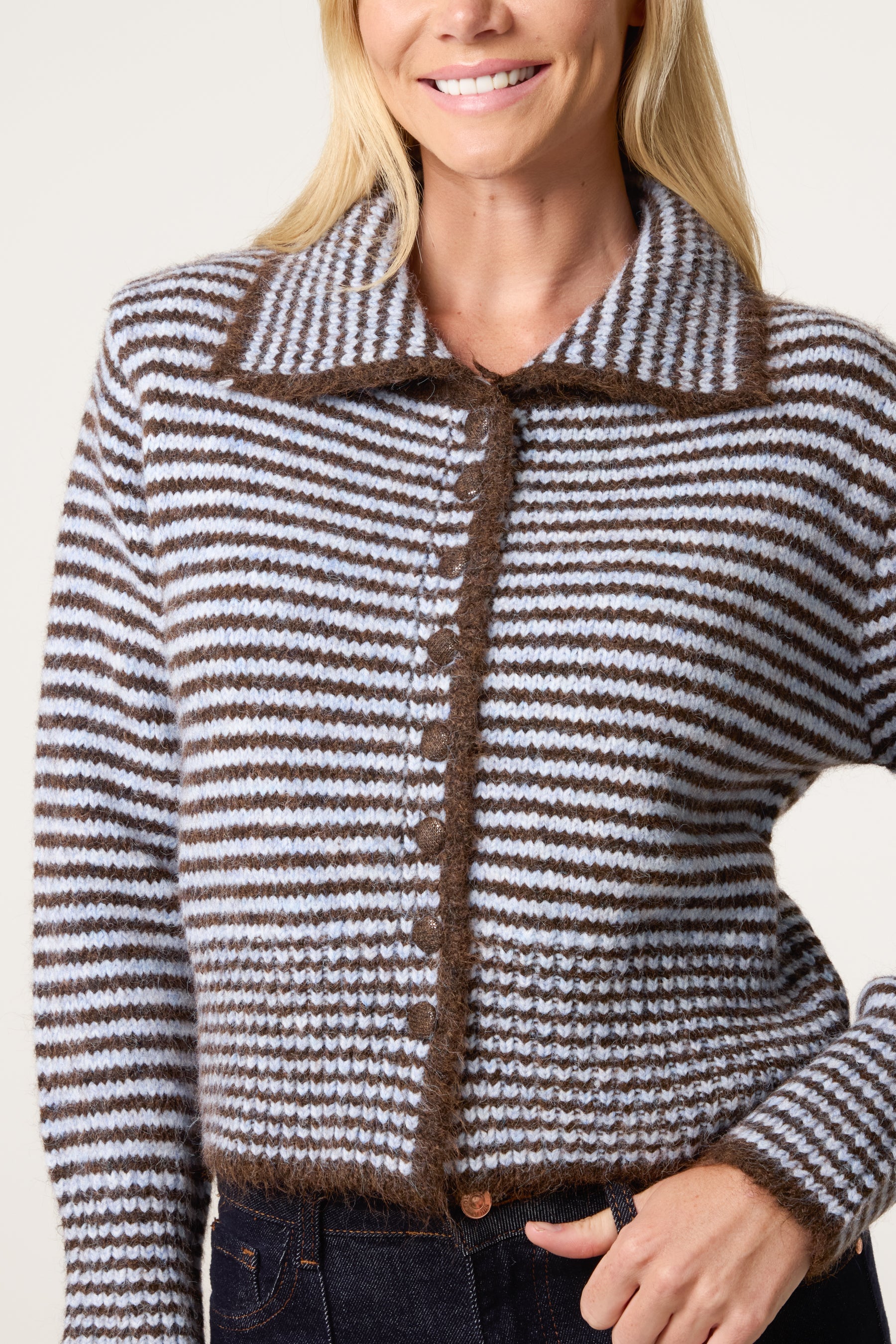 Mini Collar Stripes Button Through Cardigan