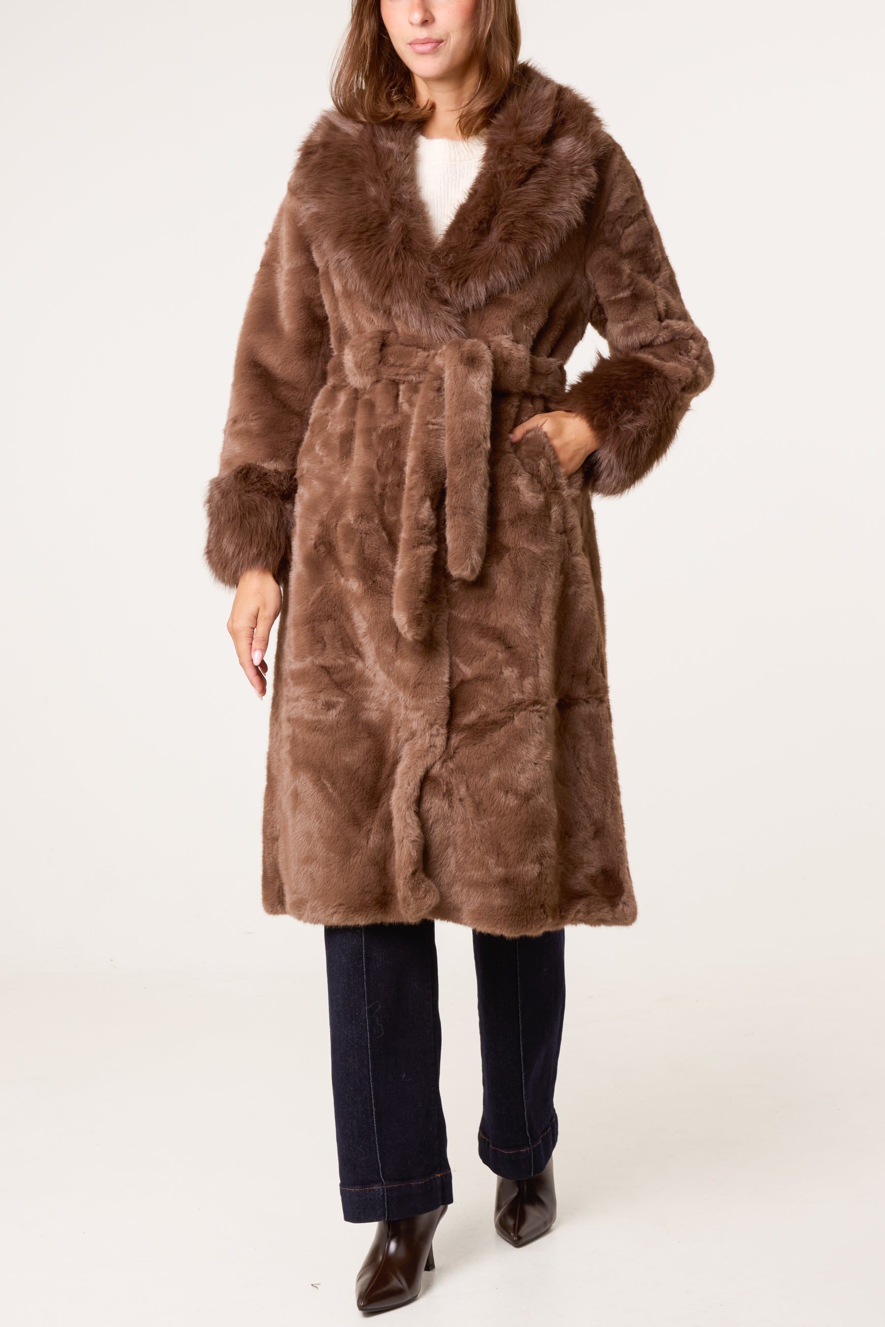 Faux Fur Belted Longline Coat