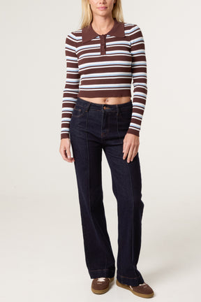 Striped Long Sleeve Collar Fine Gauge Jumper
