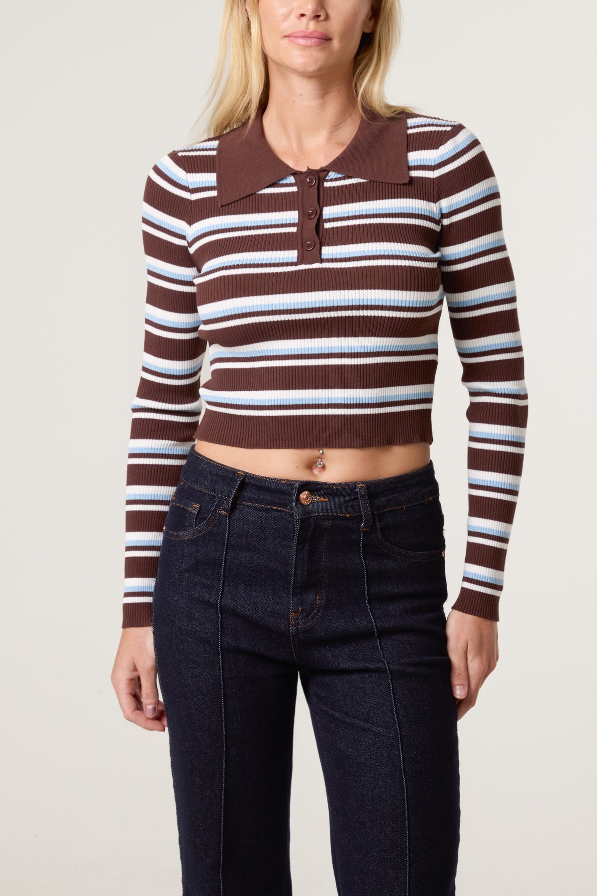 Striped Long Sleeve Collar Fine Gauge Jumper
