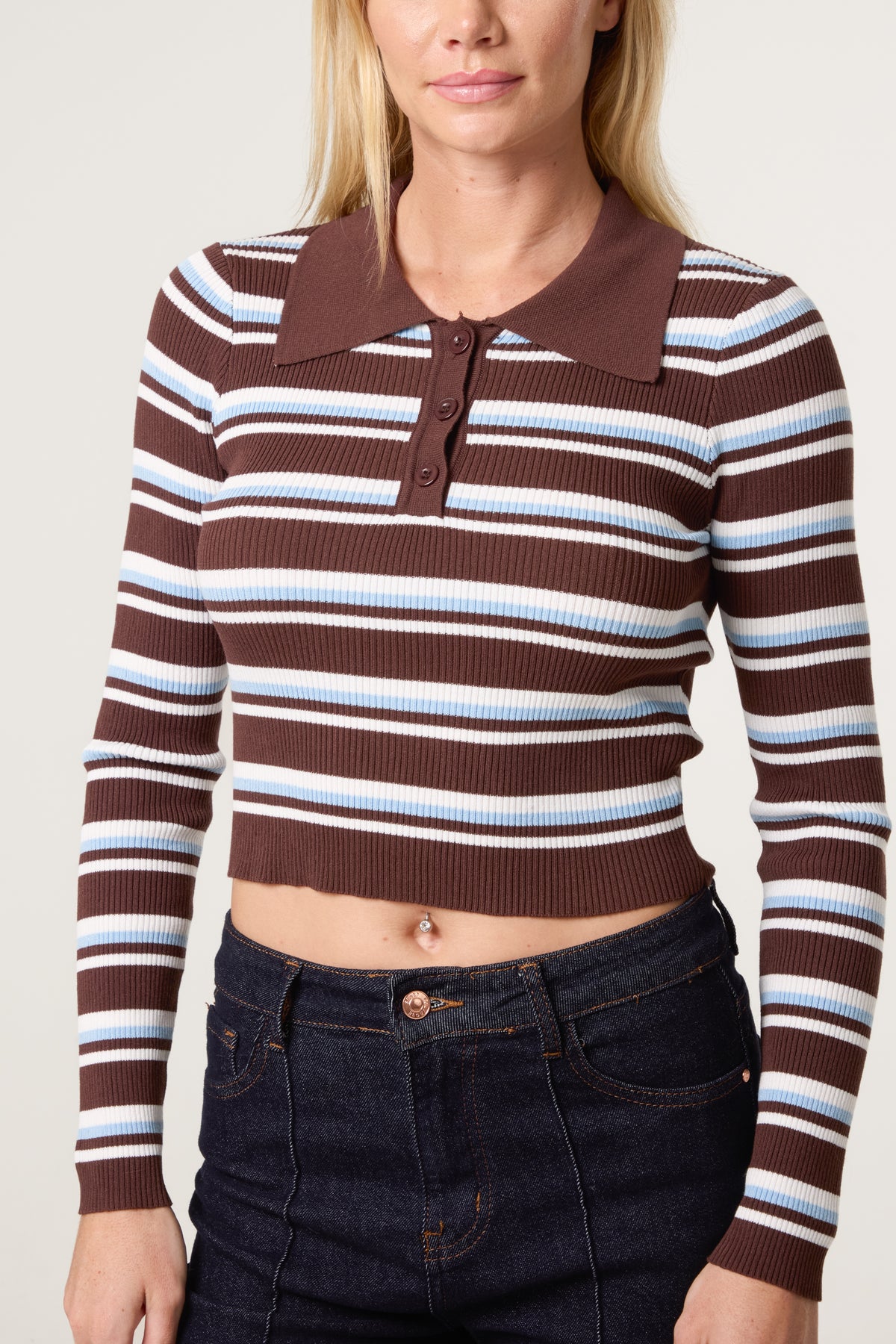 Striped Long Sleeve Collar Fine Gauge Jumper