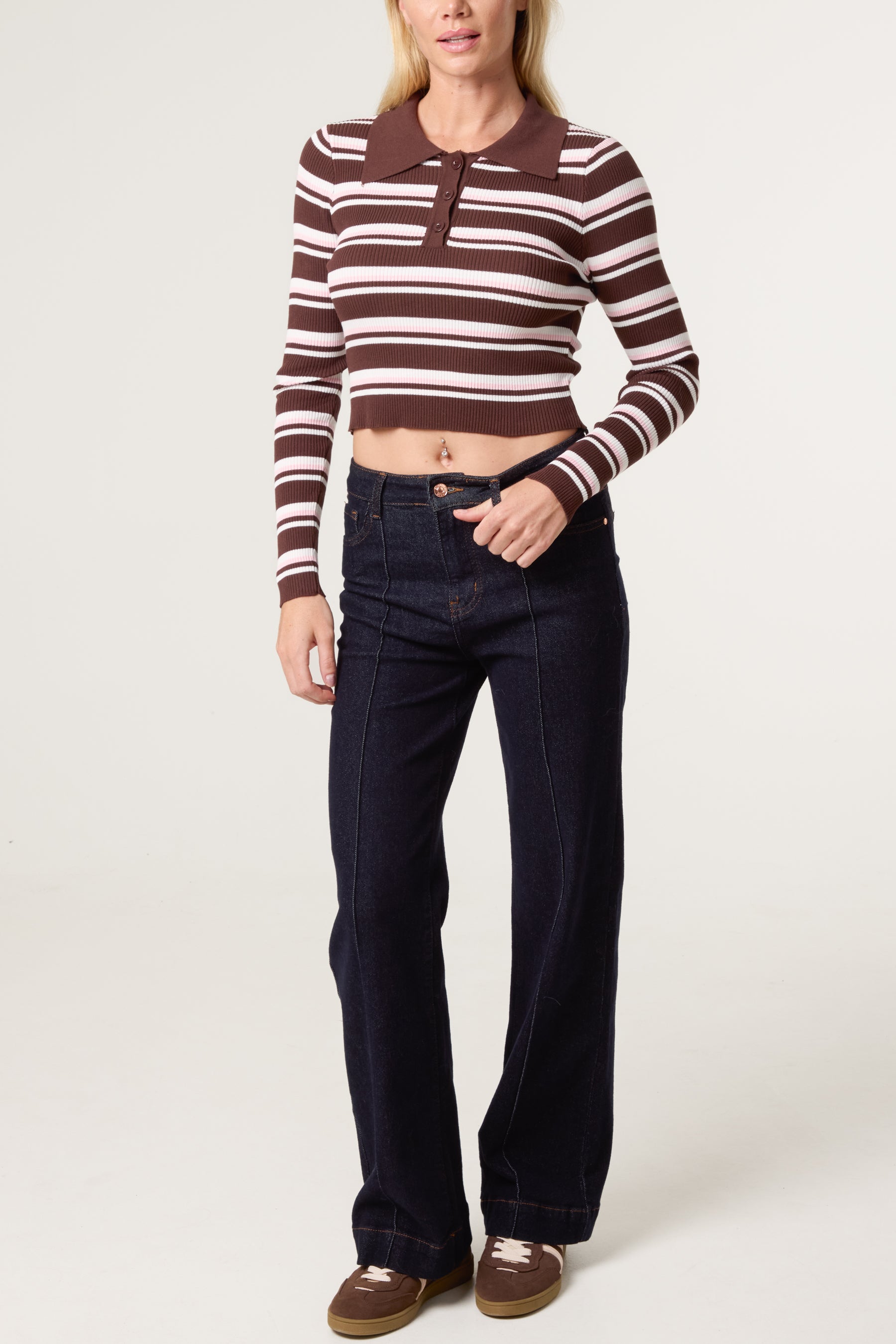 Striped Long Sleeve Collar Fine Gauge Jumper