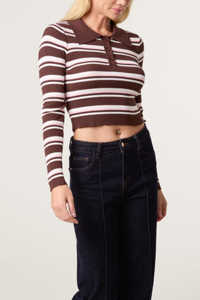Striped Long Sleeve Collar Fine Gauge Jumper