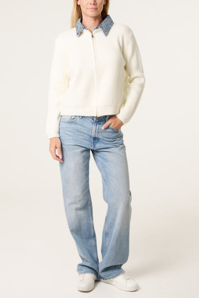 Denim Collar Zip Through Cardigan