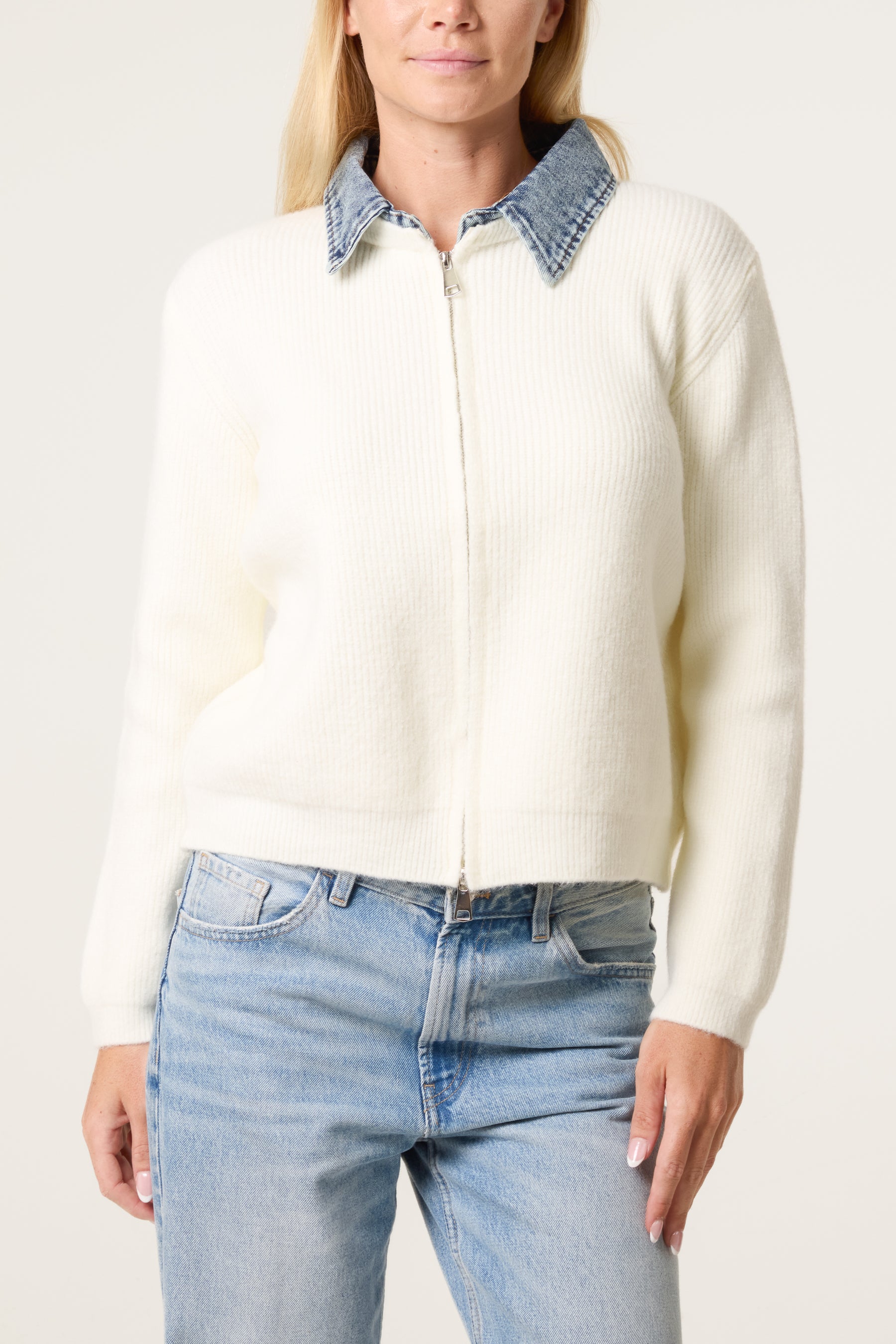 Denim Collar Zip Through Cardigan