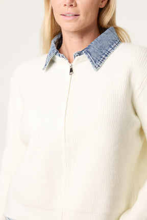 Denim Collar Zip Through Cardigan
