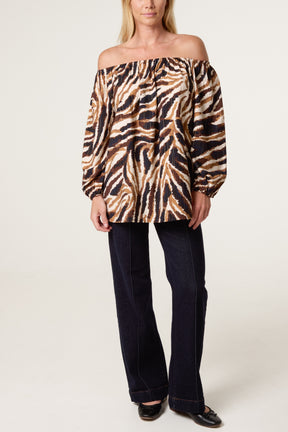 Zebra Print Metallic Detail Bardot Blouse