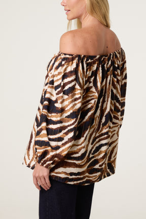 Zebra Print Metallic Detail Bardot Blouse