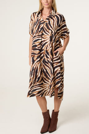 V-Neck Collar Metallic Zebra Print Midi Dress