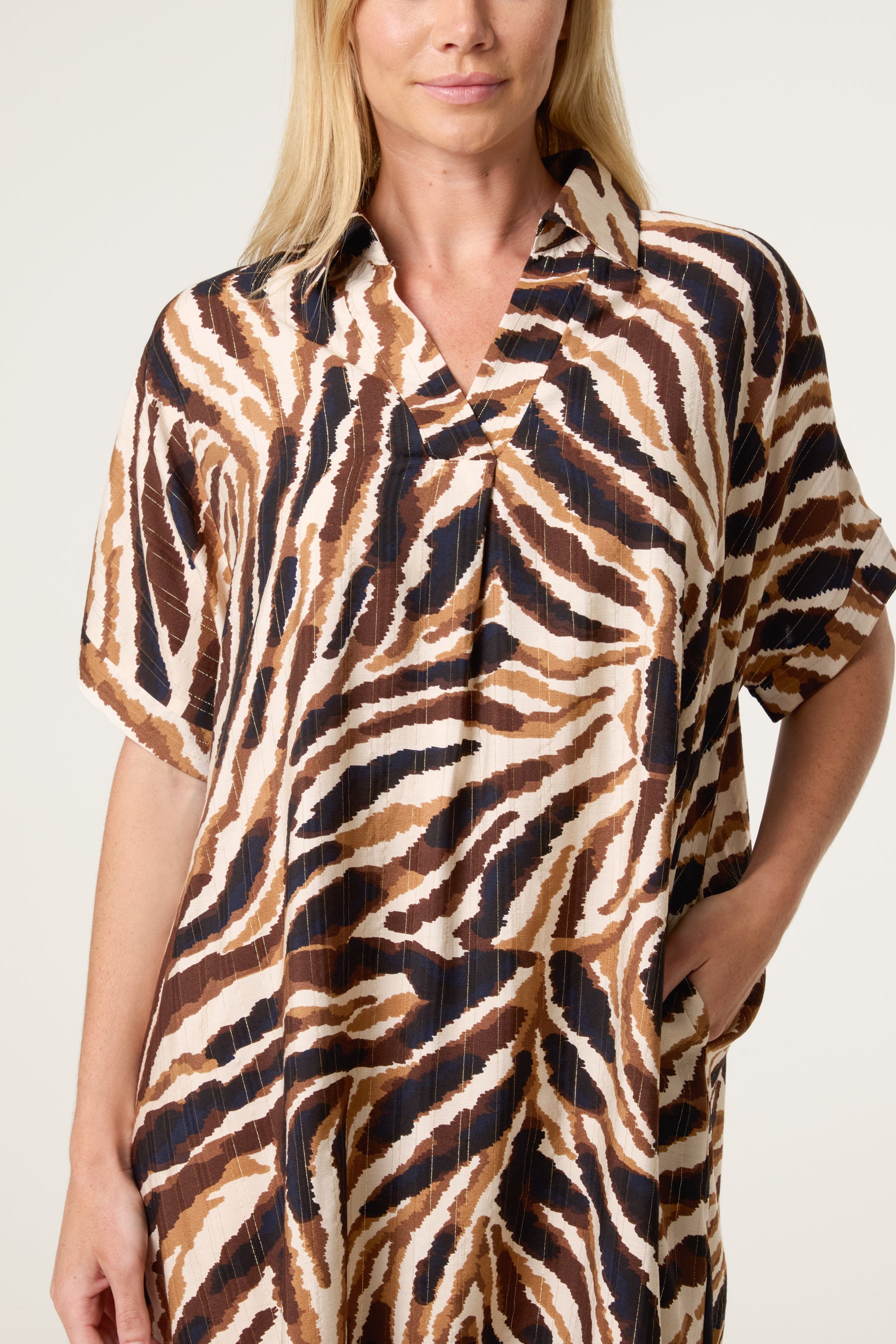 V-Neck Collar Metallic Zebra Print Midi Dress