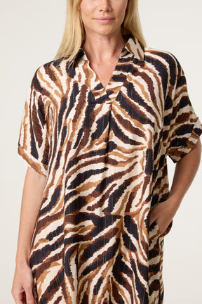 V-Neck Collar Metallic Zebra Print Midi Dress