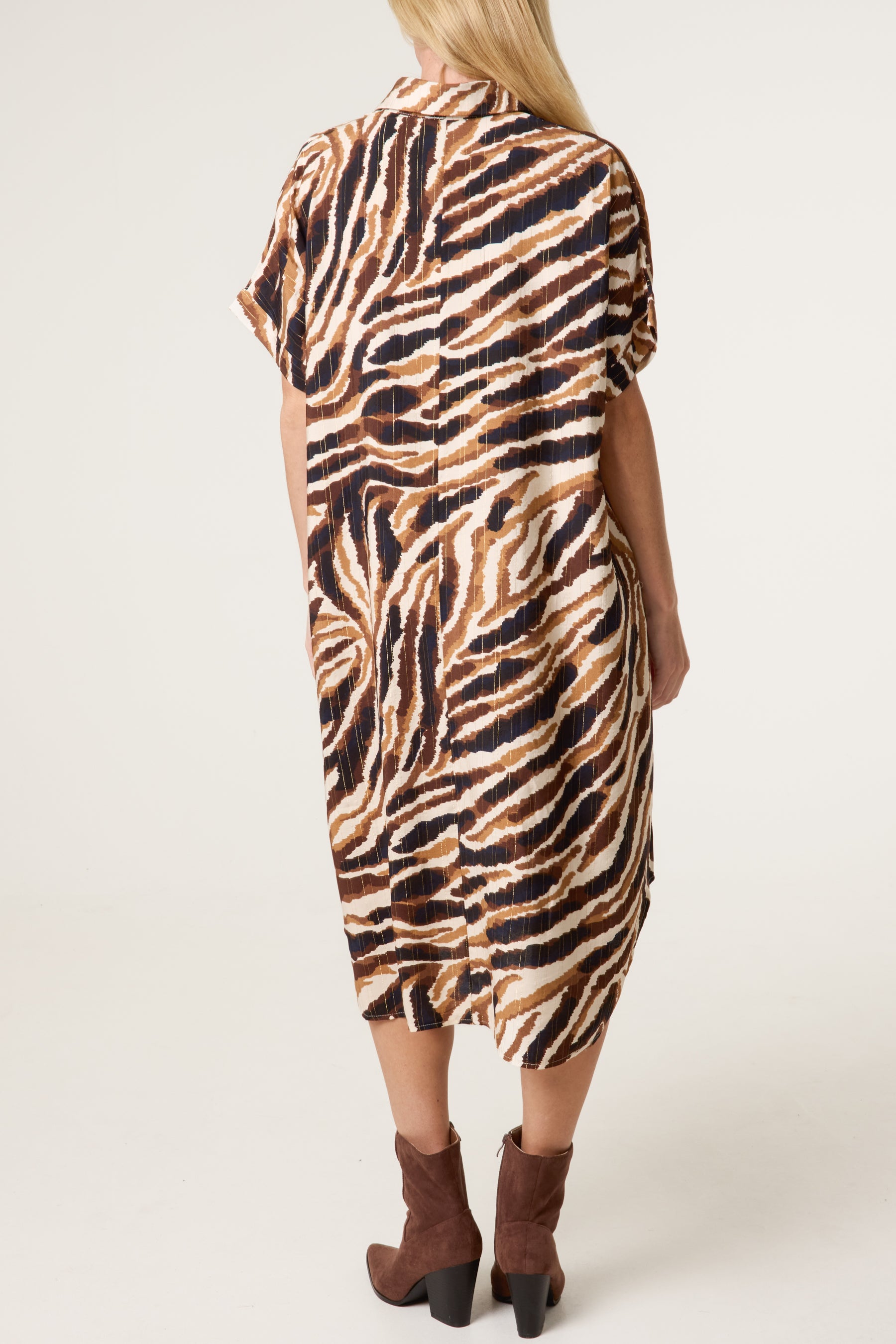 V-Neck Collar Metallic Zebra Print Midi Dress