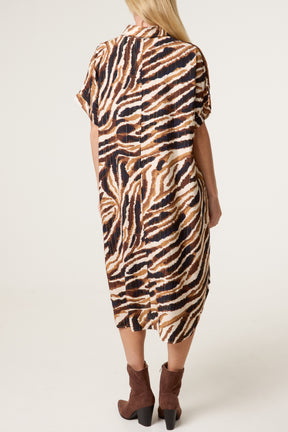 V-Neck Collar Metallic Zebra Print Midi Dress
