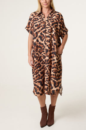 Metallic Leopard Print Short Sleeve Shirt Dress