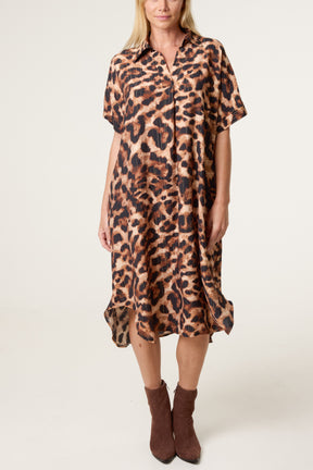 Metallic Leopard Print Short Sleeve Shirt Dress
