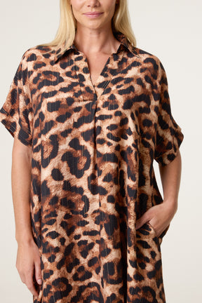 Metallic Leopard Print Short Sleeve Shirt Dress