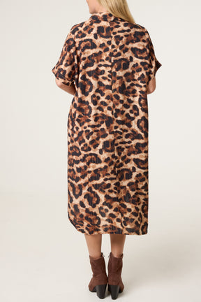 Metallic Leopard Print Short Sleeve Shirt Dress
