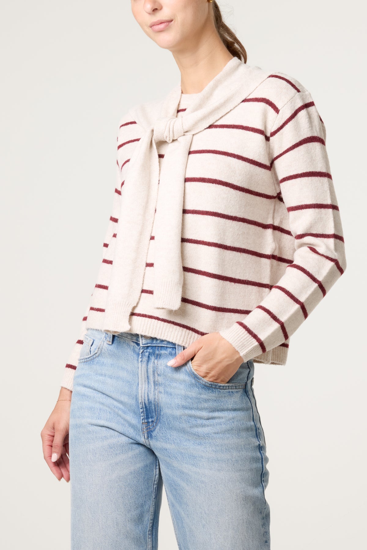 Striped Detachable Tie-Front Collar Jumper
