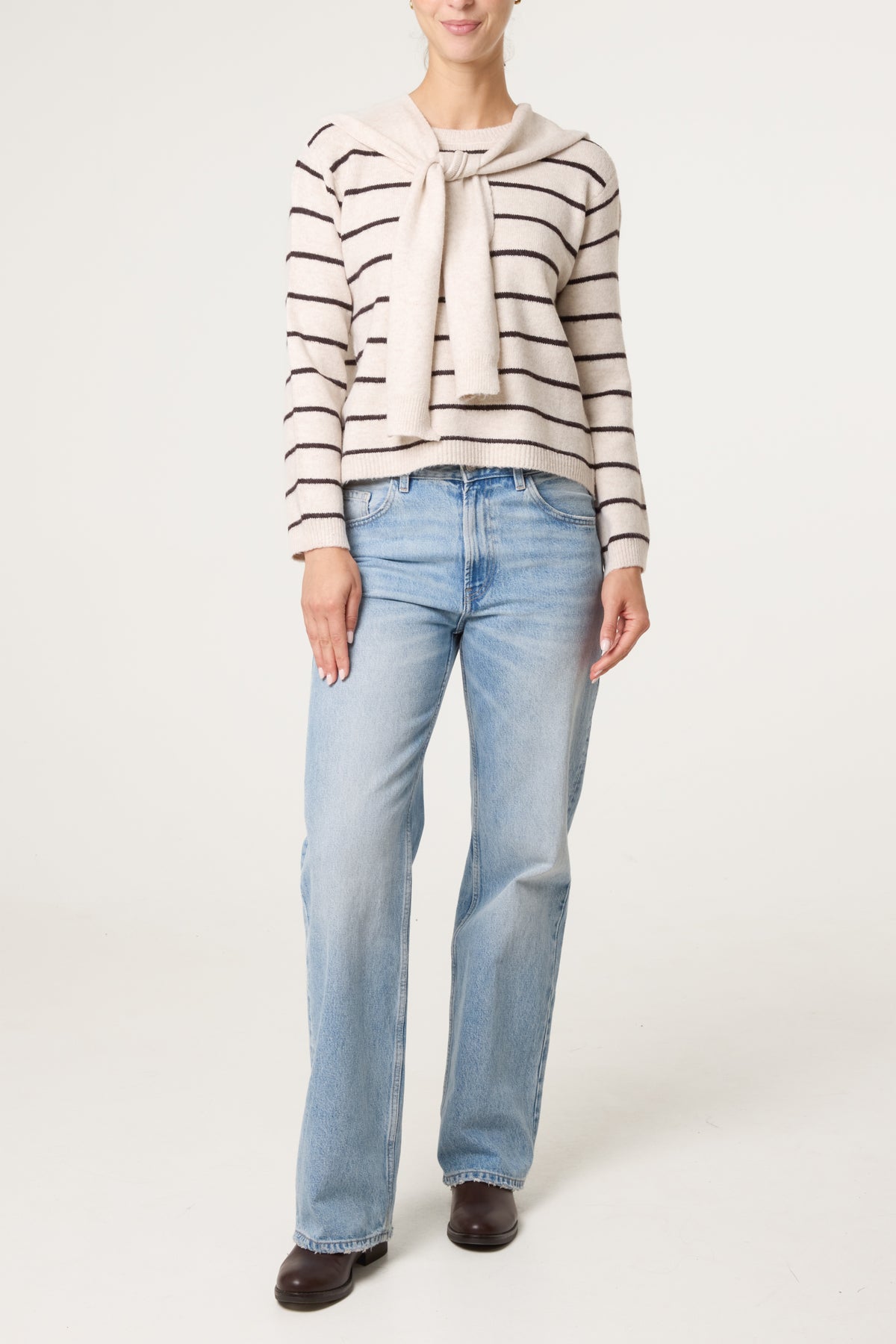Striped Detachable Tie-Front Collar Jumper