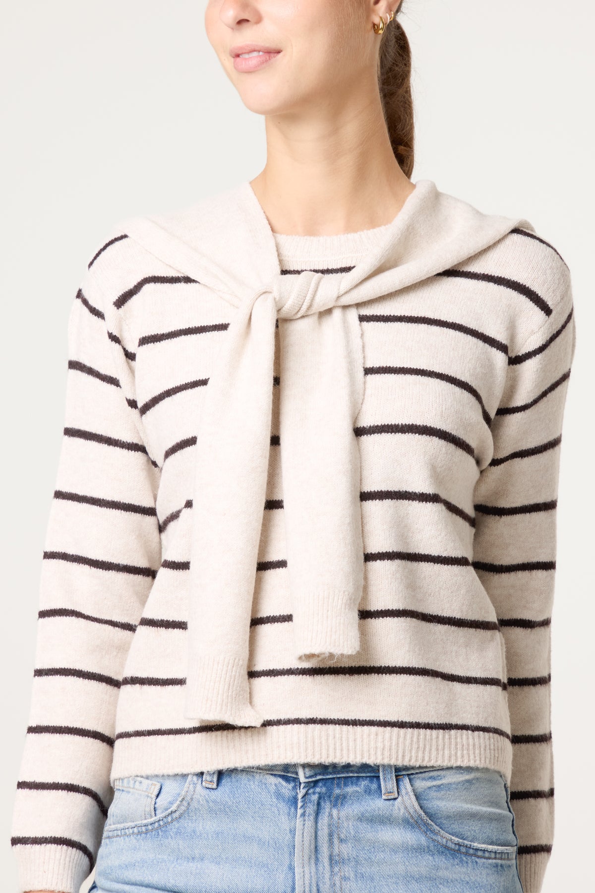 Striped Detachable Tie-Front Collar Jumper
