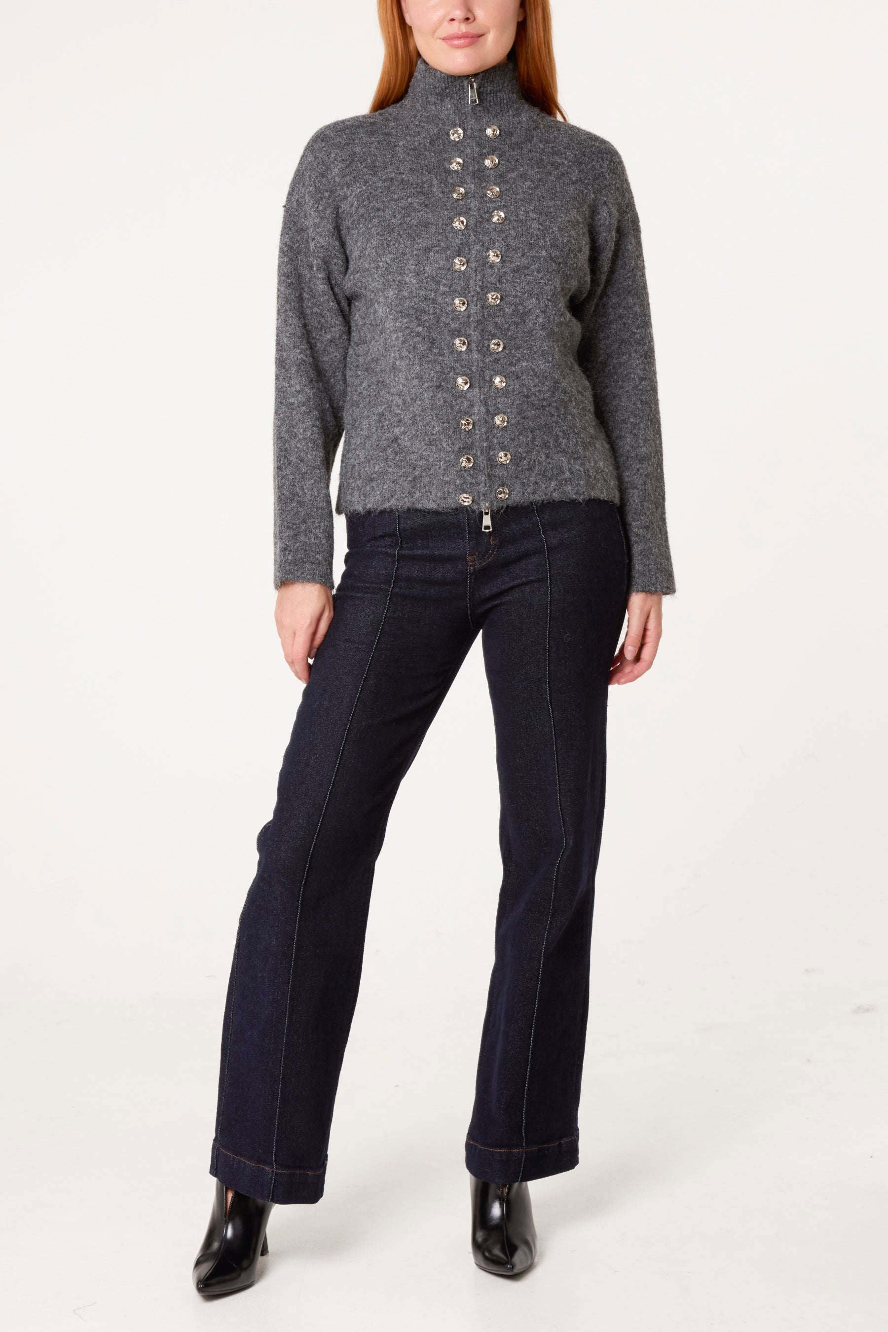 Zip Through Buttoned Details Knit Cardigan