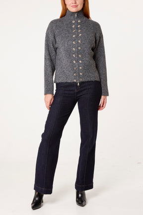 Zip Through Buttoned Details Knit Cardigan