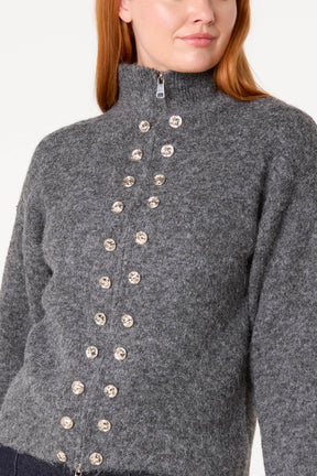 Zip Through Buttoned Details Knit Cardigan