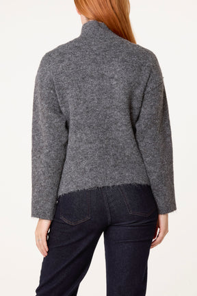 Zip Through Buttoned Details Knit Cardigan